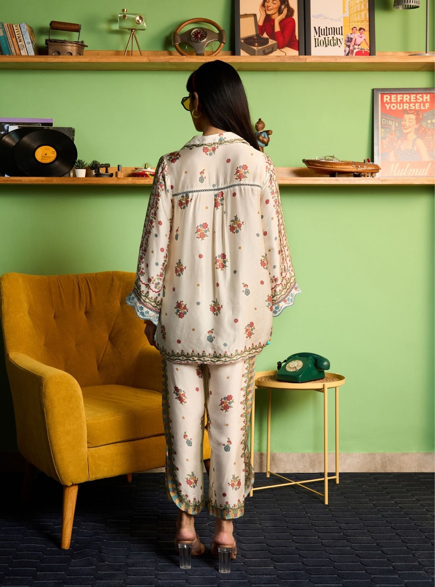 Akhzari Cupro Satin Champagne Printed Shirt Set