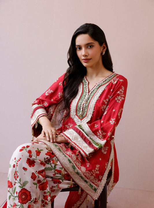 Elia Lawn Printed Red Kurta with Farshi Salwar