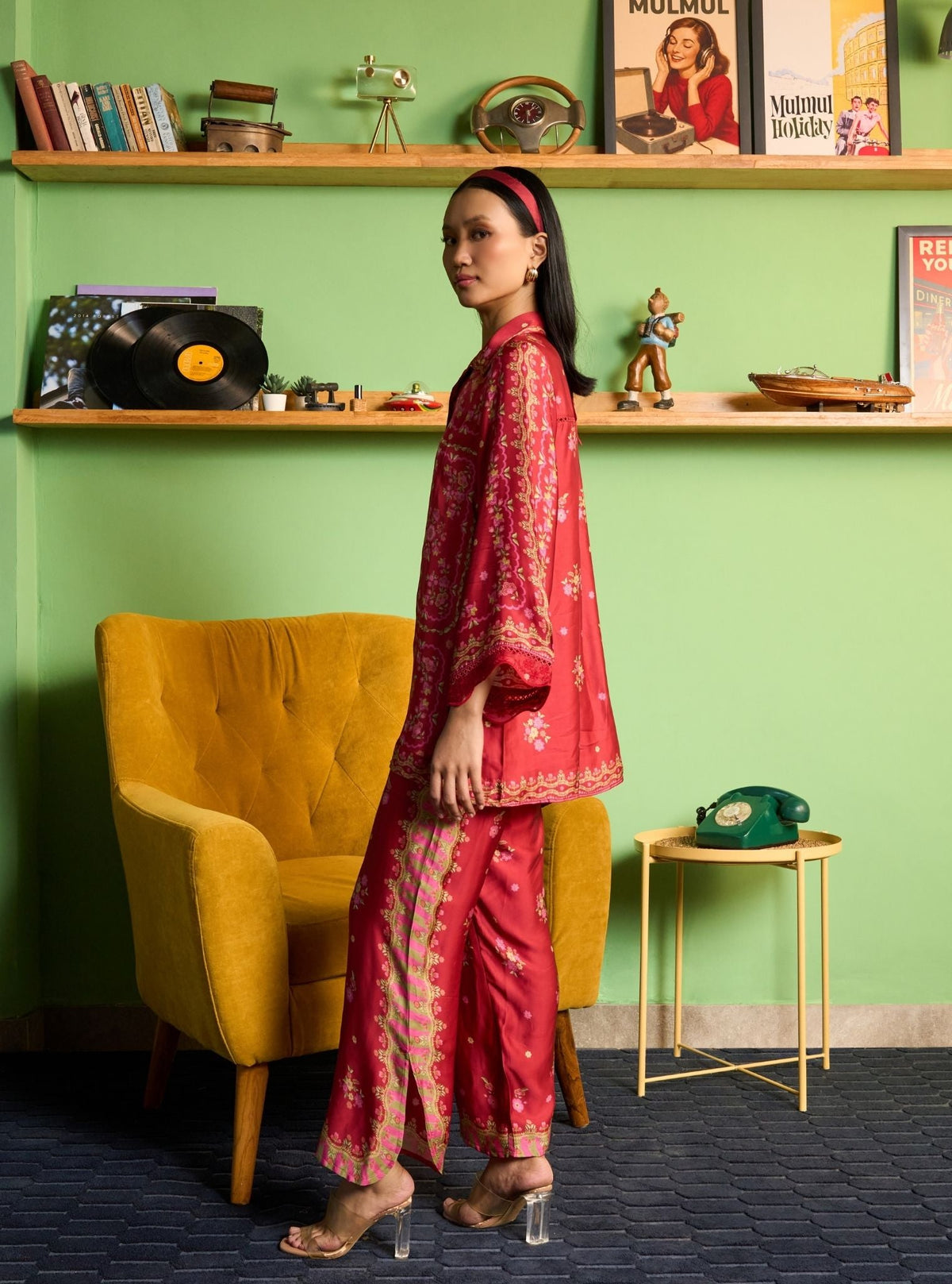Akhzari Cupro Satin Red Printed Shirt Set