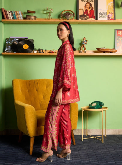 Akhzari Cupro Satin Red Printed Shirt Set