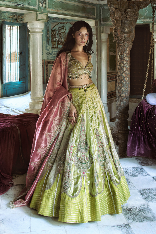 Lemon green silk zari tissue Lehenga with rose pink dupatta