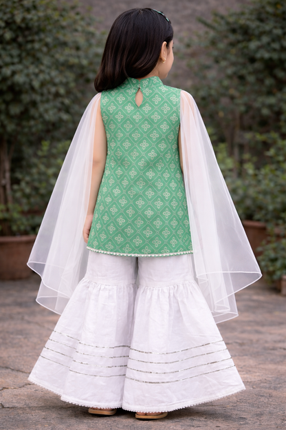 Green Hand Block Printed Cotton Sharara Suit