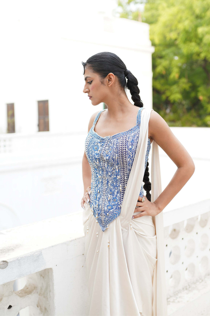 Ivory long corset with saree set