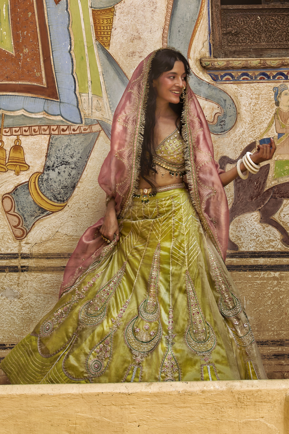 Lemon green silk zari tissue Lehenga with rose pink dupatta