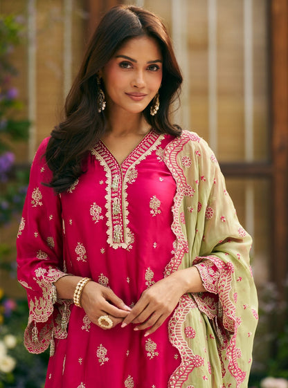 Phulkari Cupro Satin Rani Pink Kurta Set