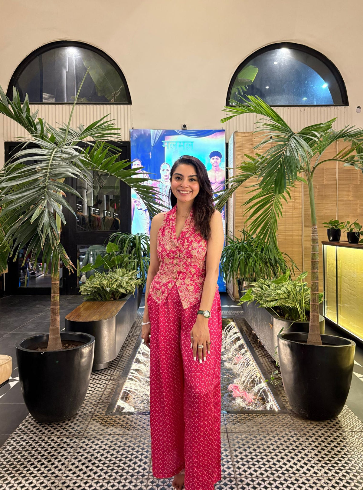 Kuhu Cupro Satin Printed Fuchsia Waistcoat with Wide Pleated Pants