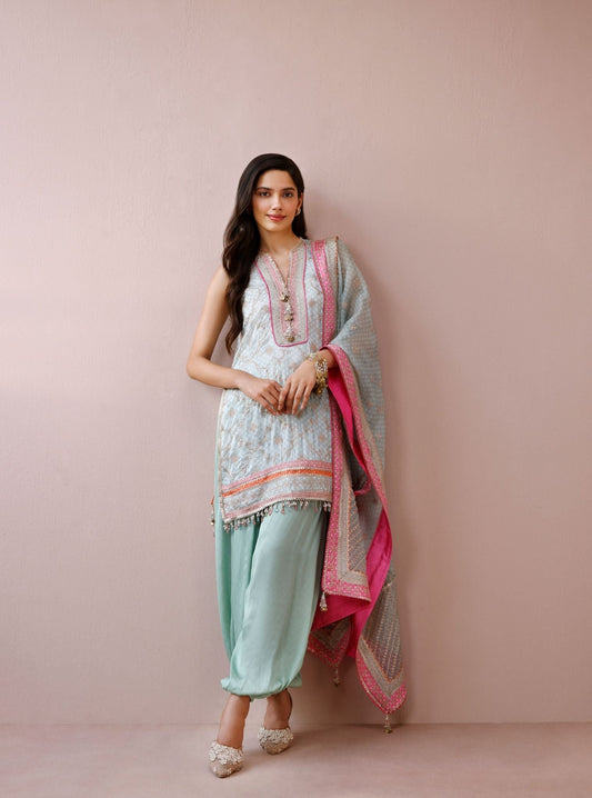 Zeya Cupro Satin Printed Sage Green Kurta Set