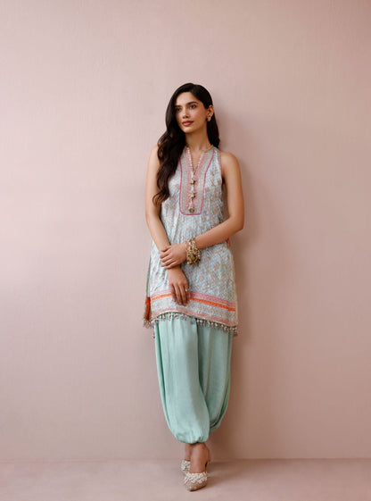 Zeya Cupro Satin Printed Sage Green Kurta Set