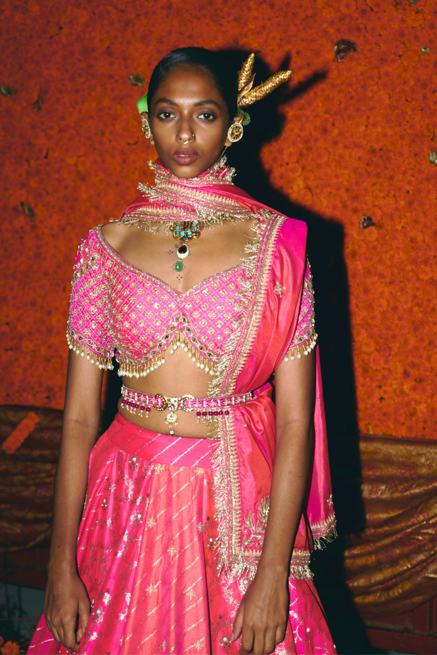 Panelled Hot Pink and Peach Silk Banarsi Lehenga Set