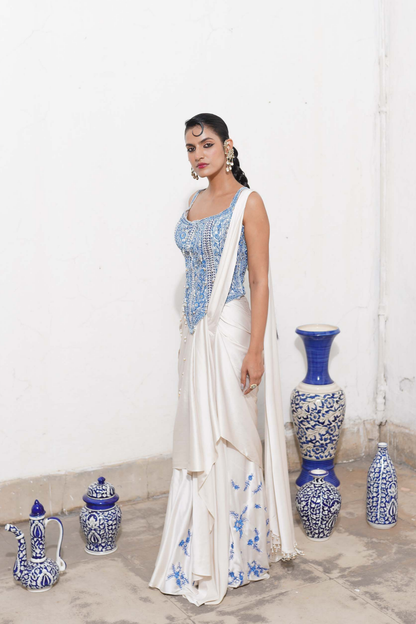Ivory long corset with saree set