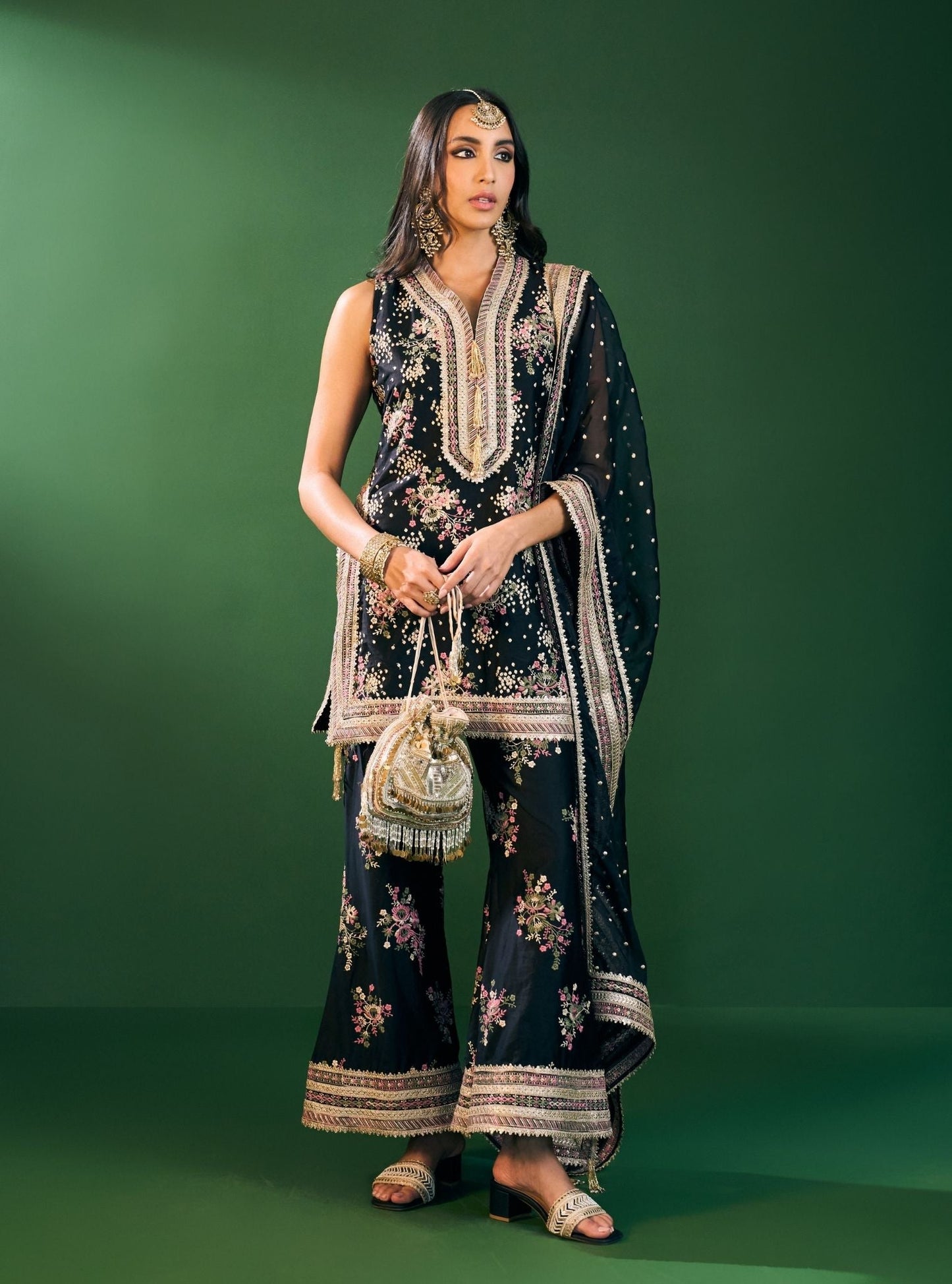 Lami Pima Satin Black Kurta With Flared Bell-Bottom Pants