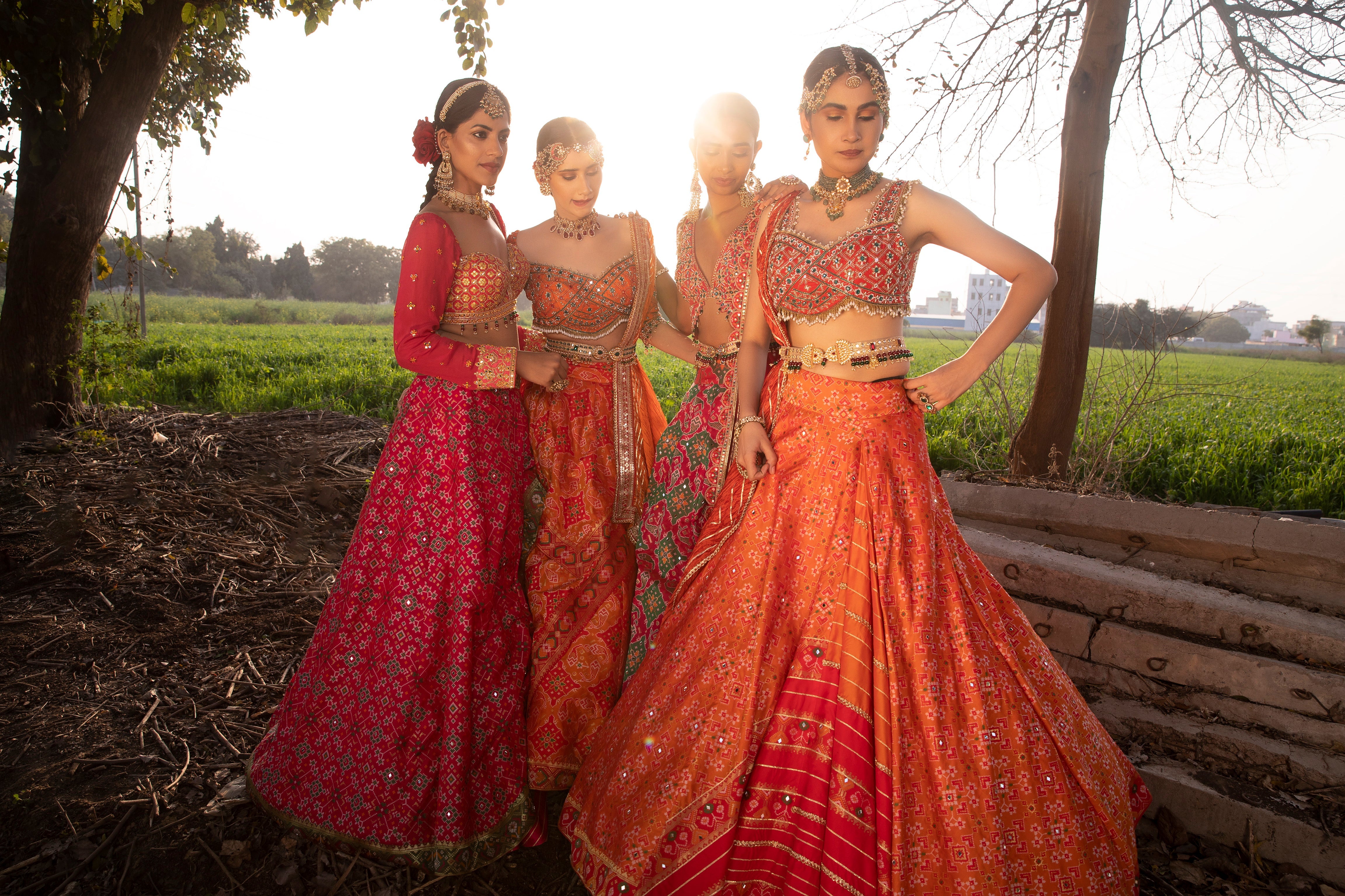 Women's Coral Embroidered Ikat Lehenga Set