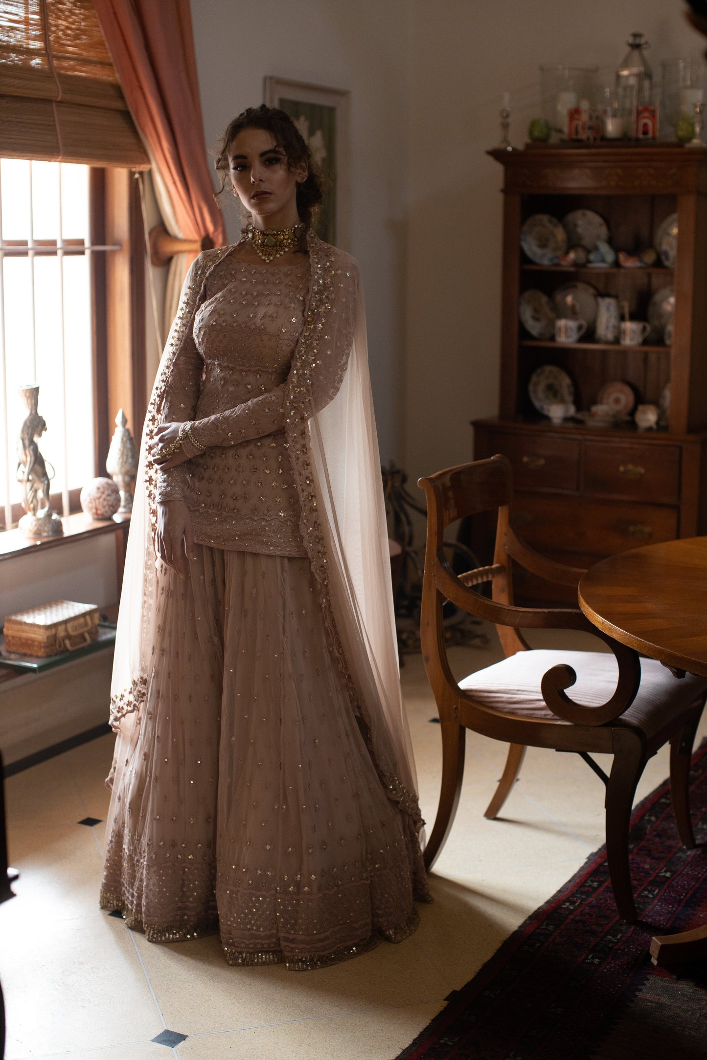 Nude Threadwork Kurti And Sharara Set