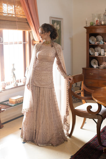 Nude Threadwork Kurti And Sharara Set