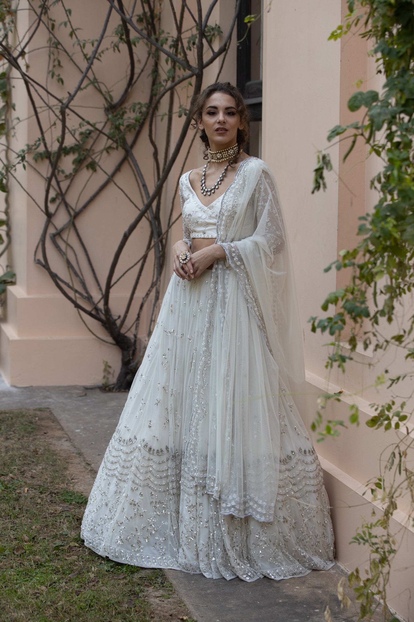 White And Silver Sequin Lehenga