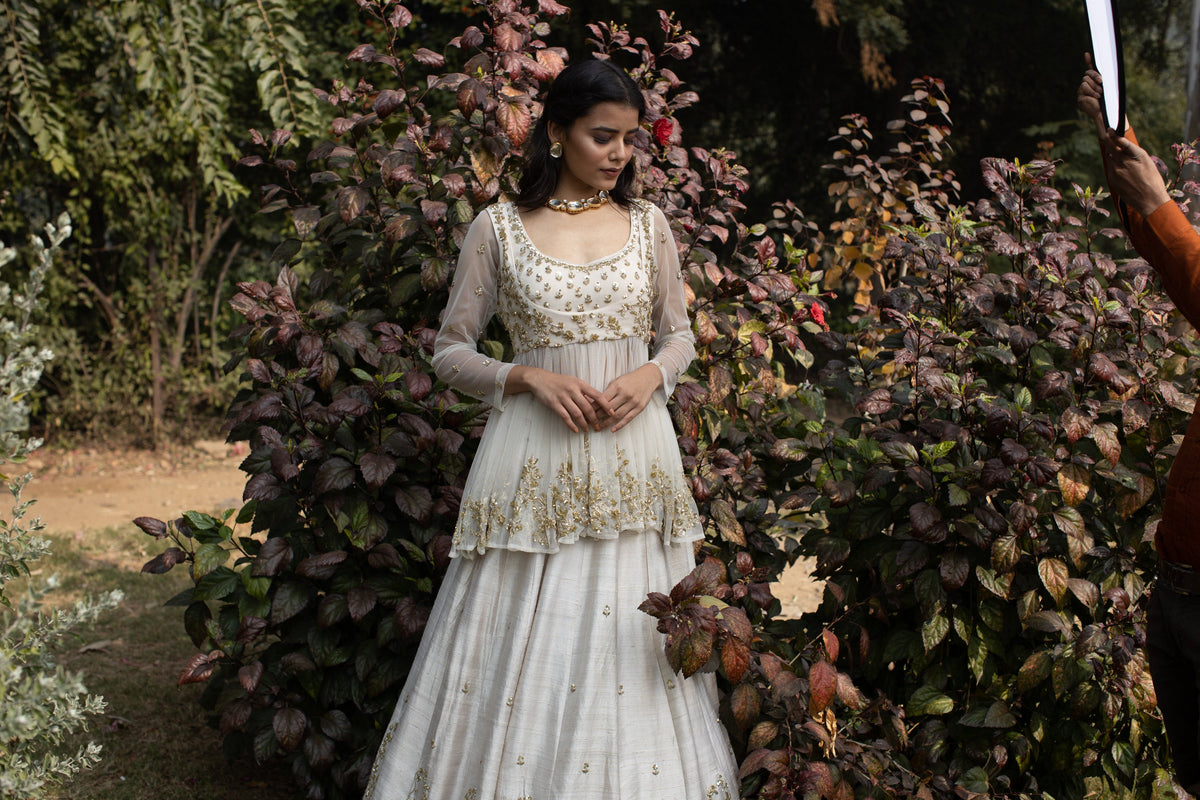 Gold Sequins Raw Silk Lehenga With Peplum Work Blouse