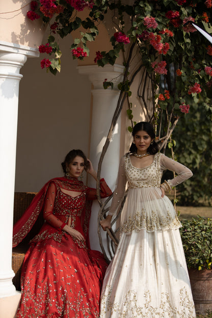Gold Sequins Raw Silk Lehenga With Peplum Work Blouse