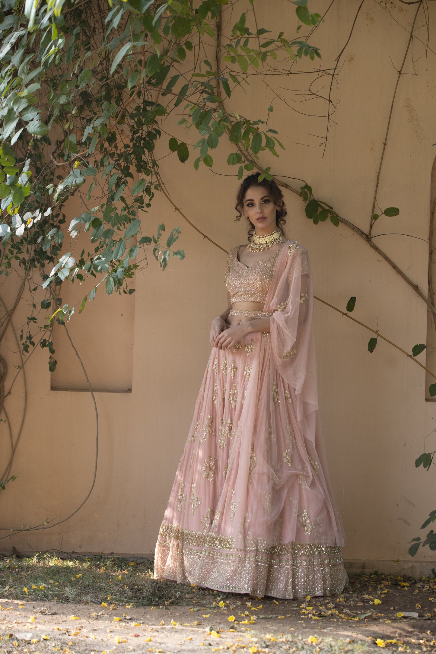 Blush Pink Bootie Lehenga With Gold Work