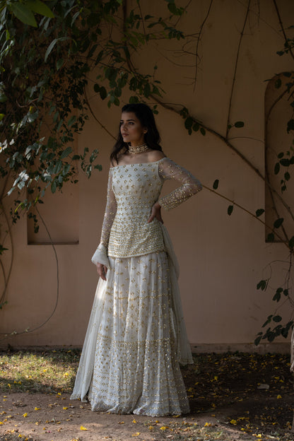 Powder Grey Off Shoulder Bootie Kurti And Sharara Set