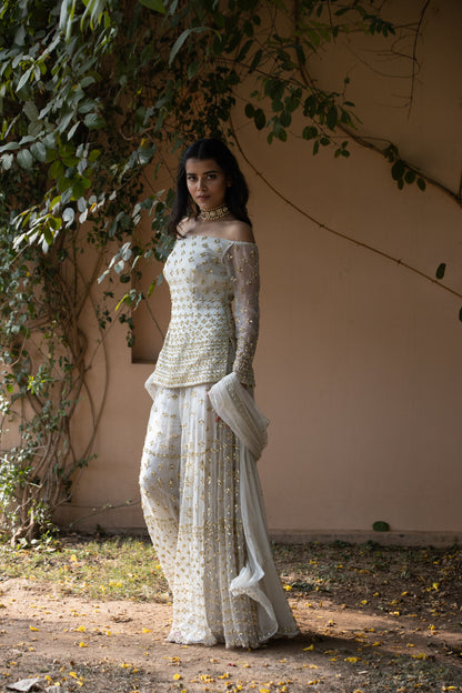 Powder Grey Off Shoulder Bootie Kurti And Sharara Set