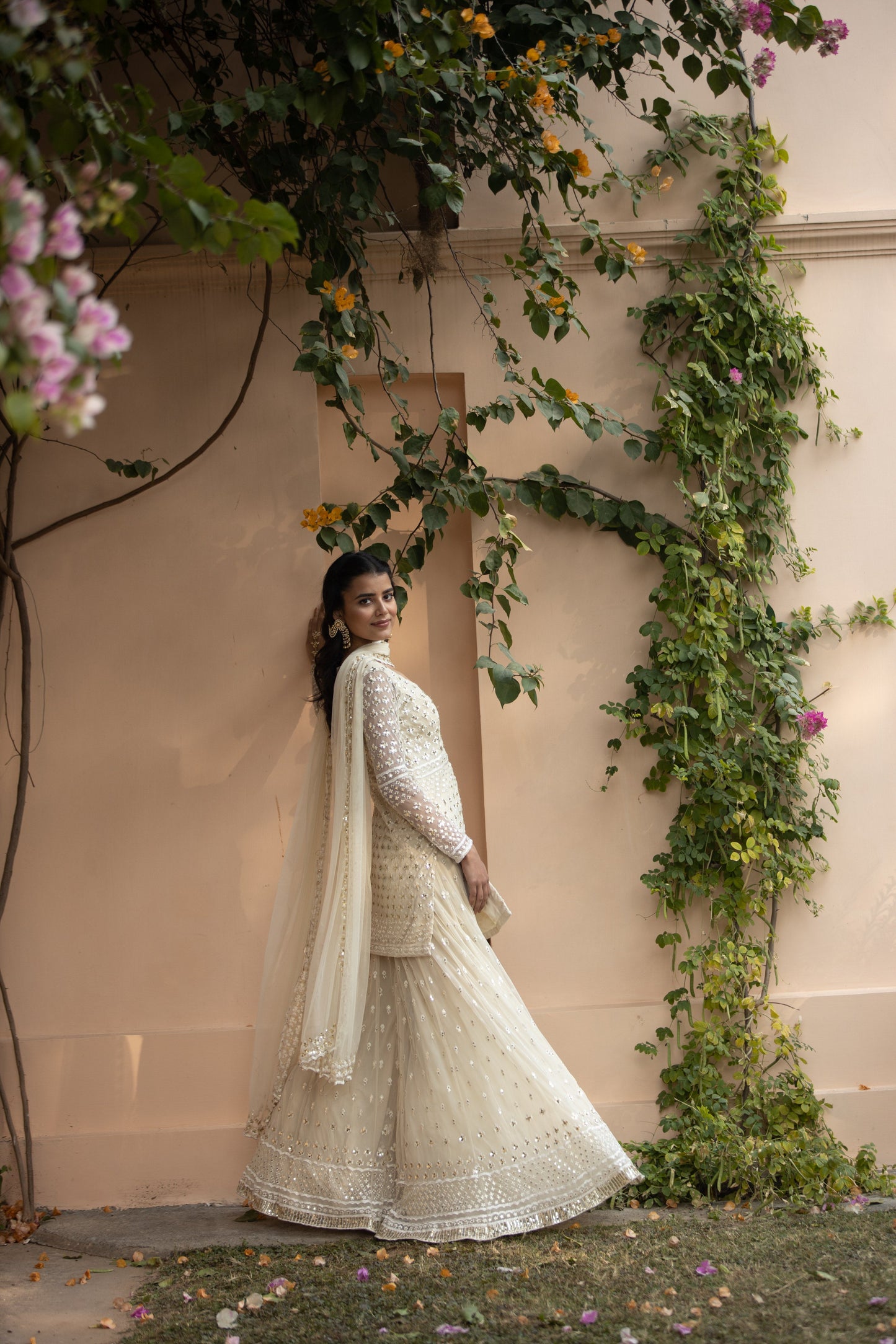 White Threadwork Kurti And Sharara Set
