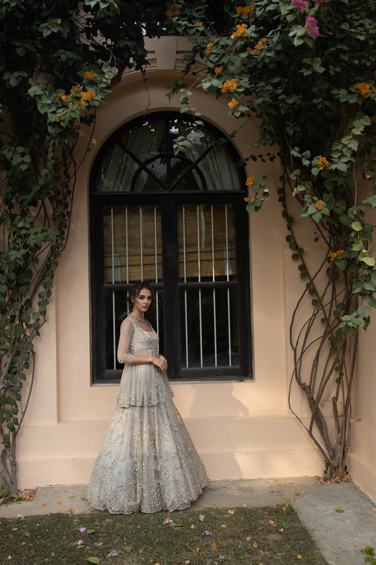 Grey Sequin Organza Lehenga With Peplum Work Blouse