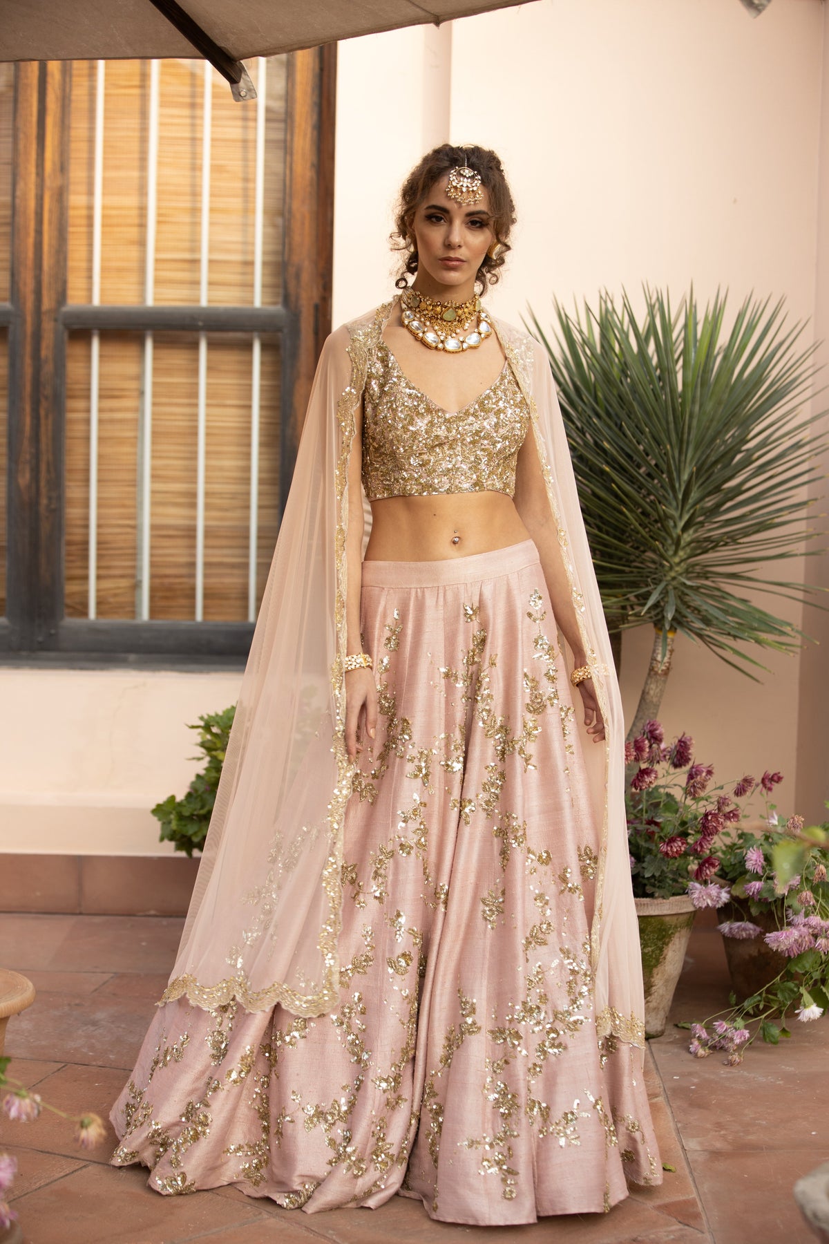 Baby Pink With Gold Jaal Work Lehenga Set