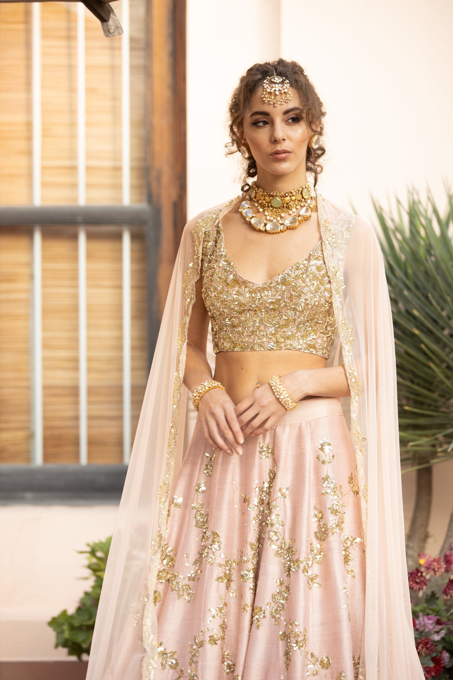 Baby Pink With Gold Jaal Work Lehenga Set