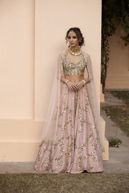 Baby Pink With Gold Jaal Work Lehenga Set