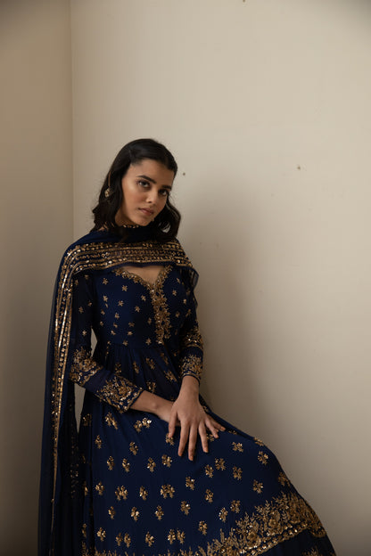 Dark Blue Gold Jacket With Border Skirt