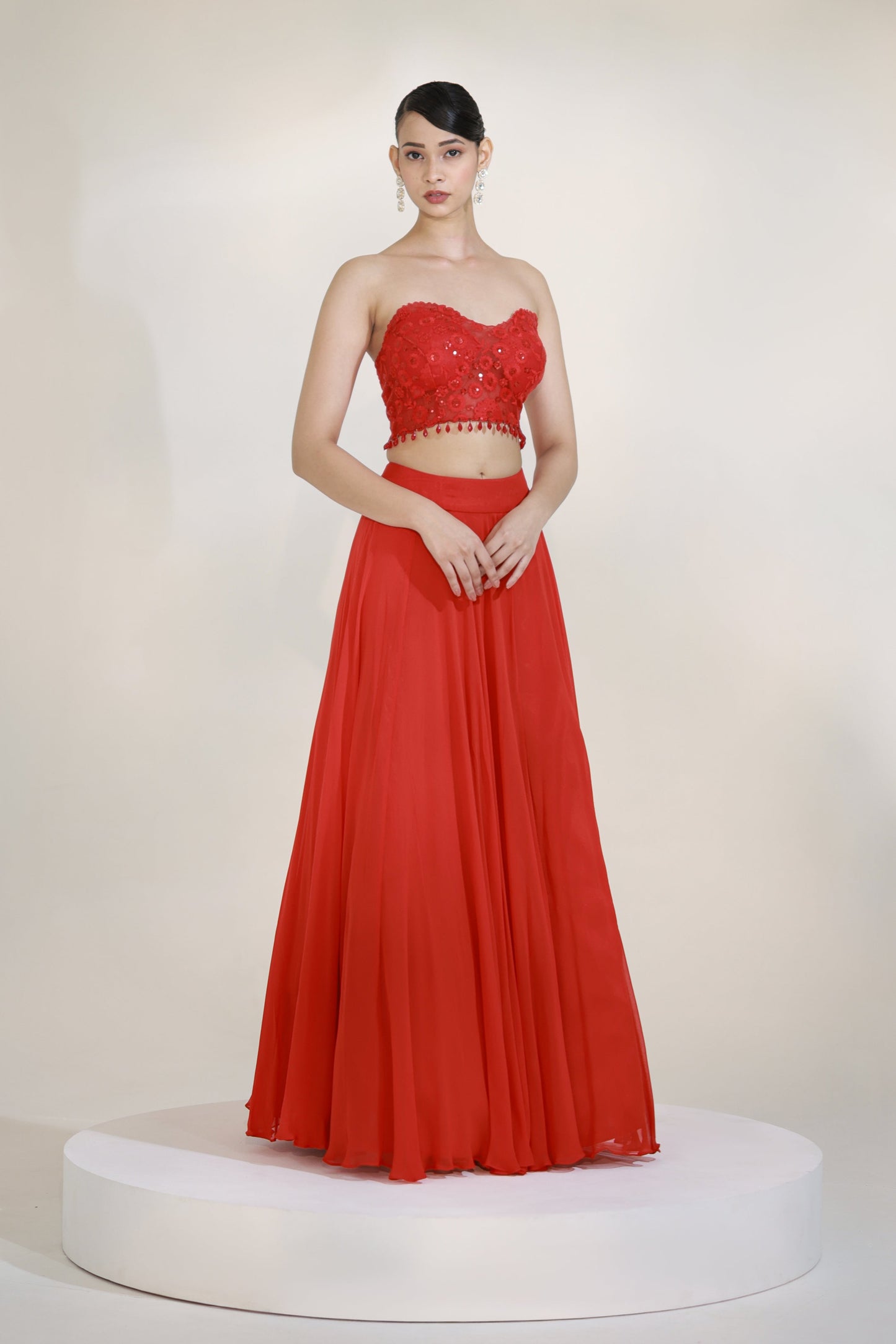 CRIMSON BUSTIER LEHENGA SET