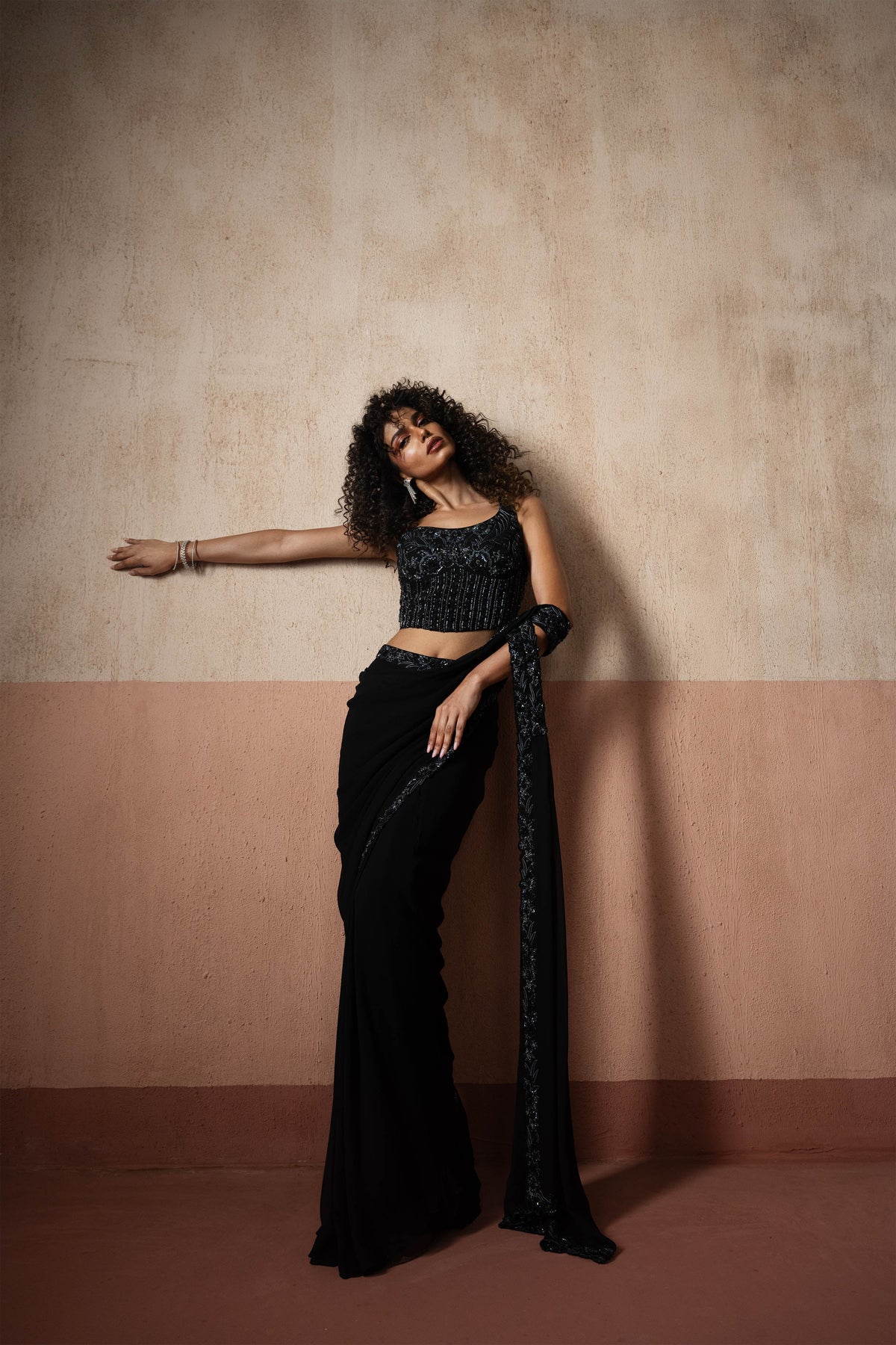 Predraped, Black Hand Embroidered Georgette Saree