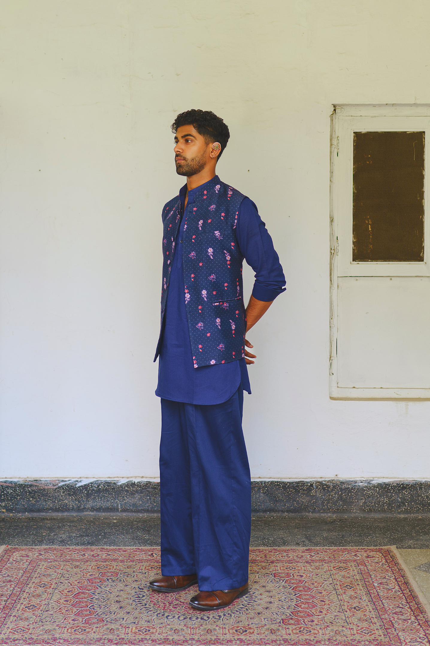 Navy blue kurta set with nehru Jacket