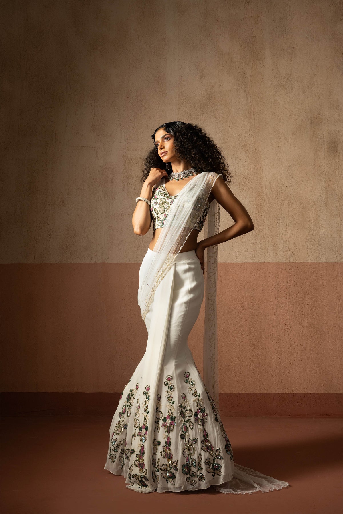 Fishtail Style, White & Multicoloured  Hand Embroidered Georgette Fishtail Saree, Concept Saree