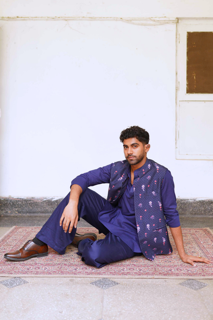Navy blue kurta set with nehru Jacket