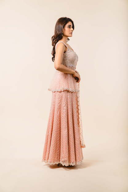 Soft Rose Pink Tulle Peplum Sharara Set
