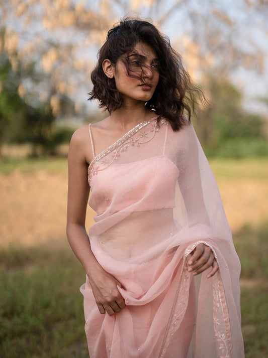 Euphoria Peach Silk Organza Saree Set