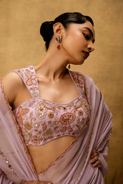 Lilac georgette Pre-stitched hand embroidered Georgette saree set