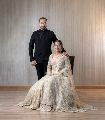 Vineeta Singh In Ivory Tulle Lehenga Choli Dupatta Set with an Optional Veil