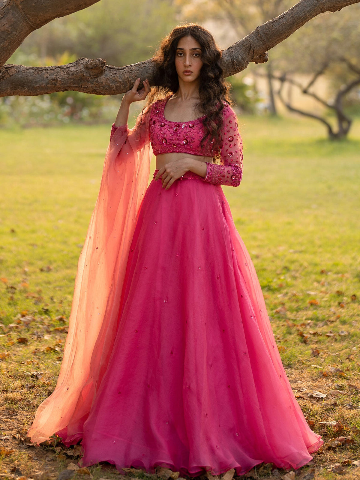 Azalea Pink Silk Organza Lehenga Set