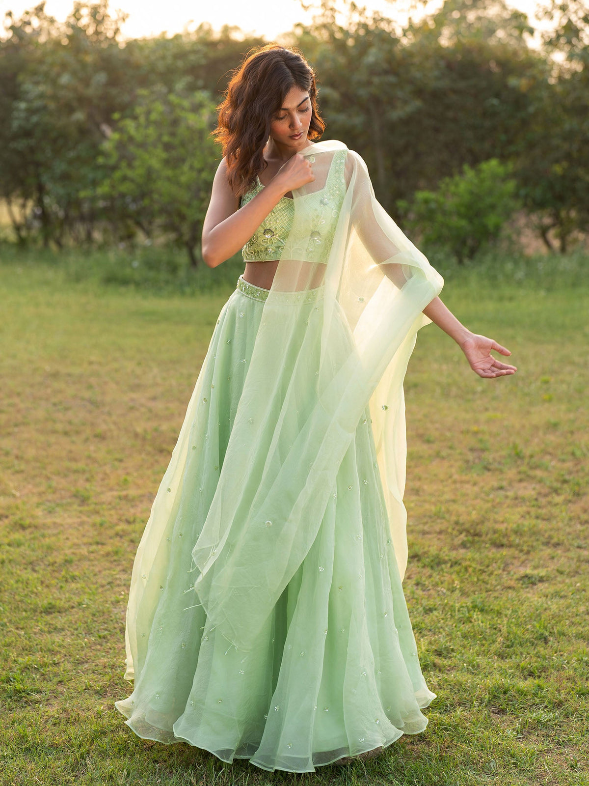 Summerhaven Green Silk Organza Lehenga