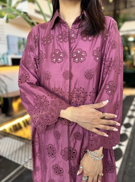 Harriet Pima Satin Grape Long shirt co-ord set