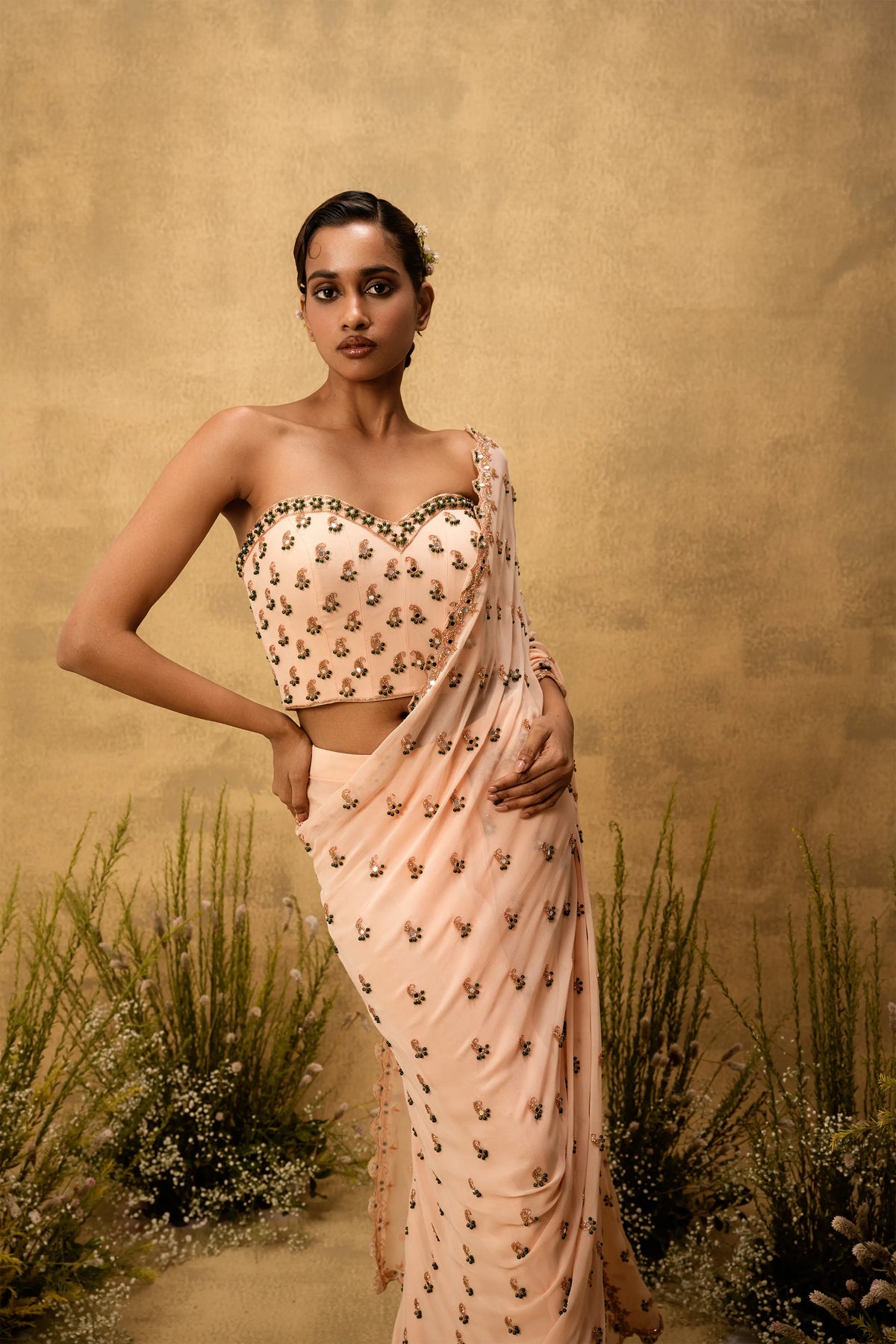 Peach Pre-stitched hand embroidered georgette saree set