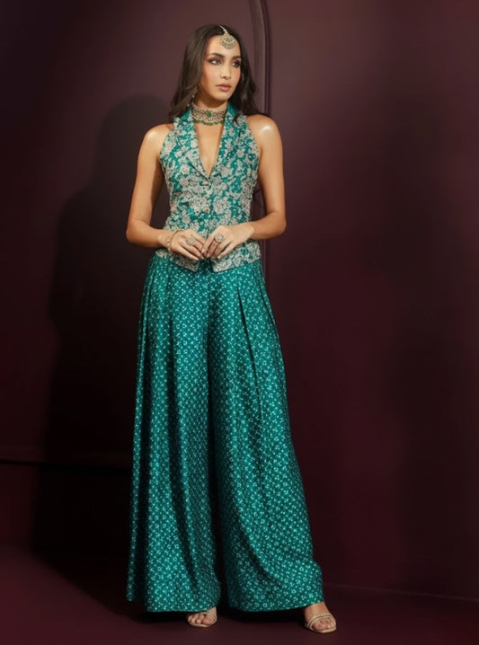 Kuhu Cupro Satin Printed Emerald Green Waistcoat With Wide Pleated Pant