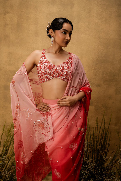 Pink ombre Pre-stitched hand embroidered organza saree set