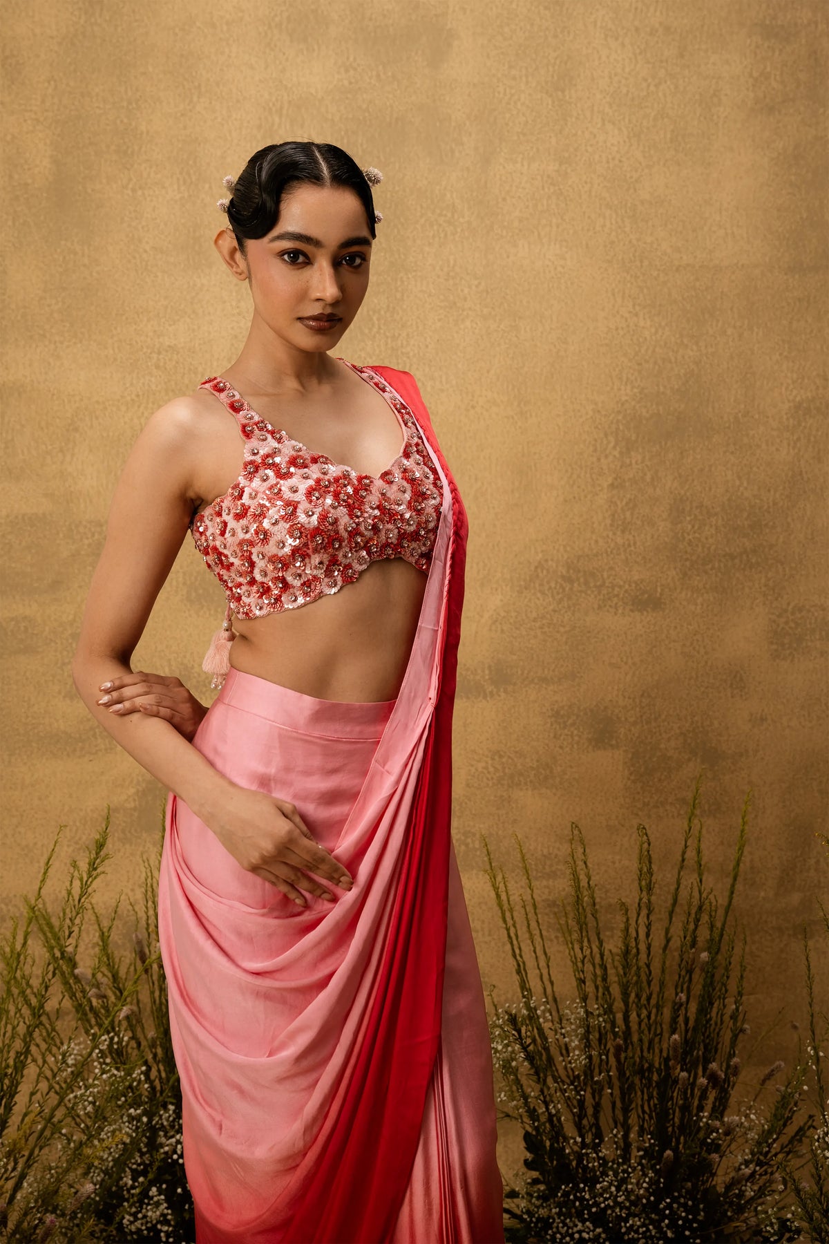 Pastel pink ombre pre-draped modal satin saree with embroidered blouse