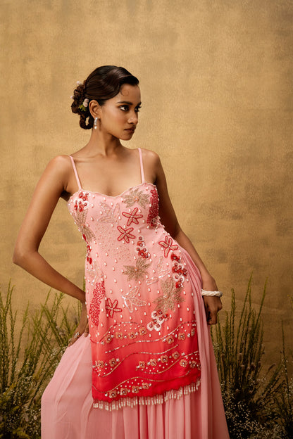 Pastel pink ombre hand embroidered georgette sharara set
