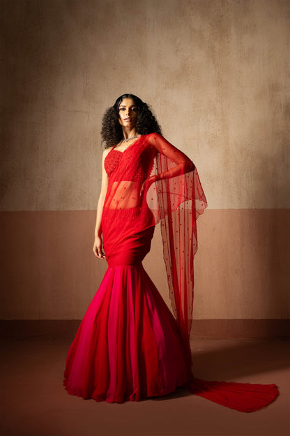Fishtail Style, Red & Fuschia Pink Coloured,  Hand Embroidered, Net & Georgette Fishtail Saree, Concept Saree