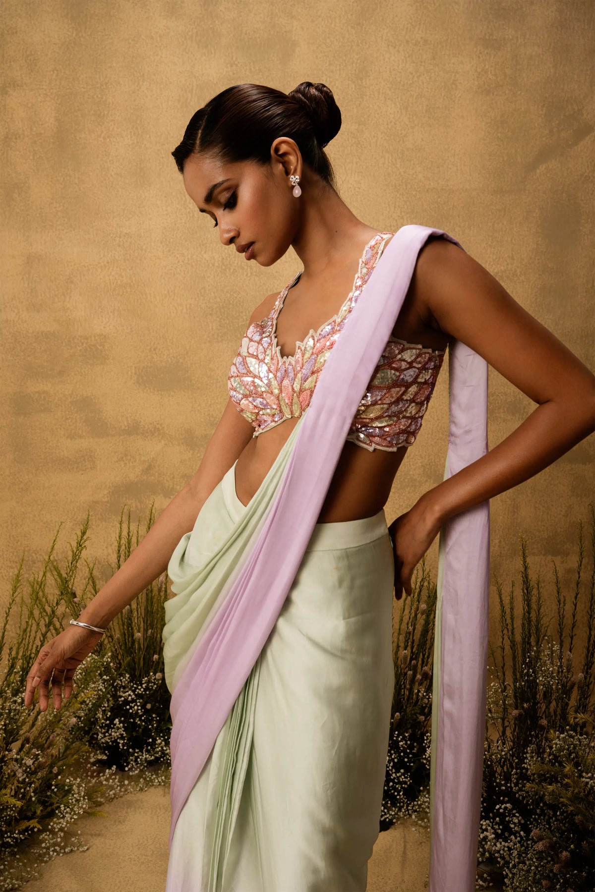 Mint green & lilac ombre pre-draped modal satin saree with embroidered blouse