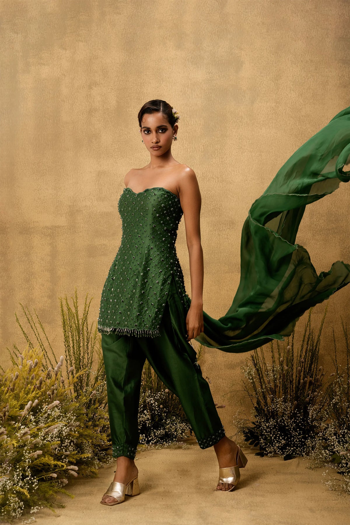 Emerald green hand embroidered chanderi silk suit set with organza dupatta
